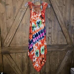 India Boutique Dress Free Size Colorful Tie Dye Embroidered 70s Hippie Flowy